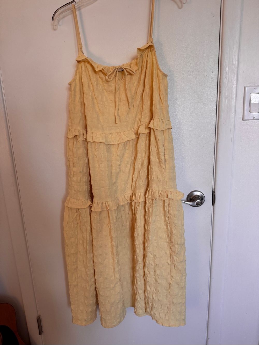 Lush Pale Yellow Tiered Spaghetti Strap Midi Dress